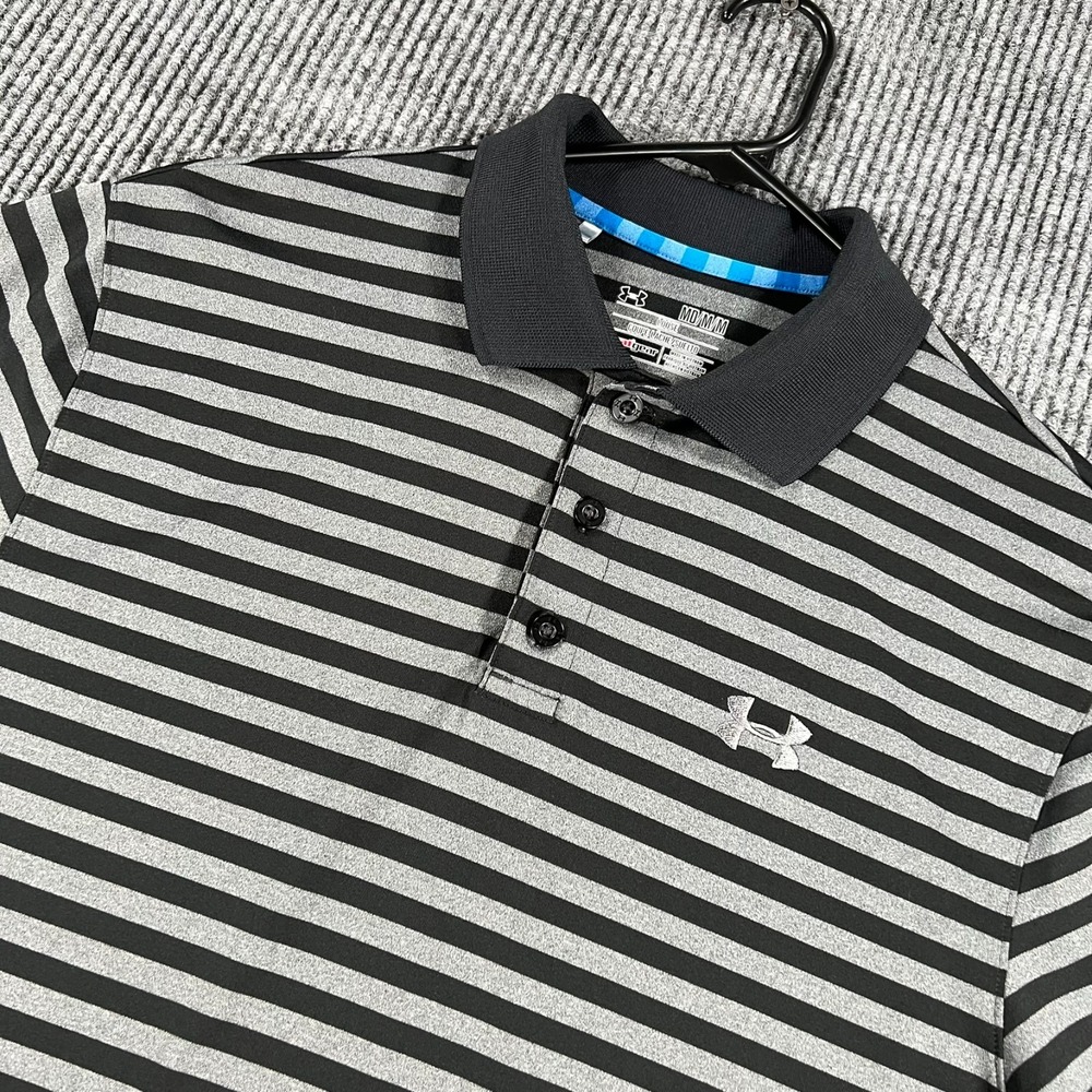 Under Armour Heat Gear Polo Shirt Mens Medium Black Gray Striped Short Sleeve